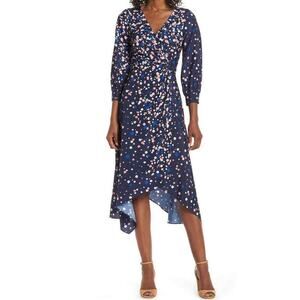 Eliza J Women Faux Wrap Multicolor Polka Dot Midi V Neck Fit & Flare Dress 8 New